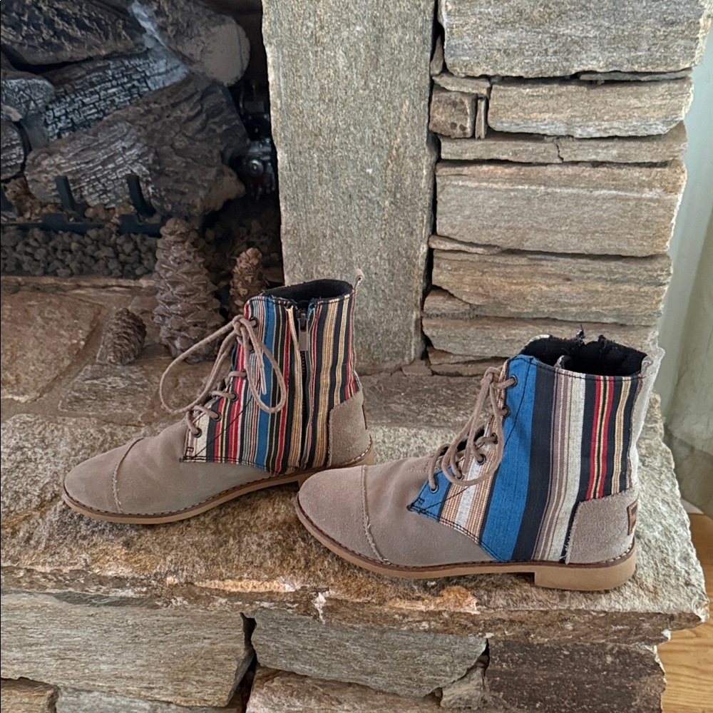 TOMS Women’s' Striped Boots - Tan suede, multi colors accented